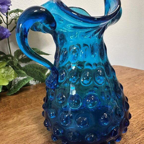 Empoli Blue Hobnail Glass Pitcher Vintage Italian Jug Vase Retro Barware - Picture 5 of 5